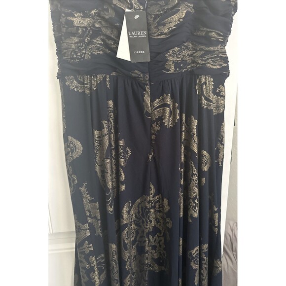 Lauren Ralph Lauren Women's Paisley Foiled Chiffon Sleeveless Gown Dress Navy 12 - Picture 12 of 14